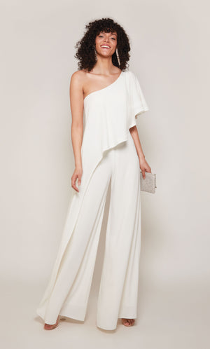 A chic, wide leg jumpsuit with a draped top in ivory.