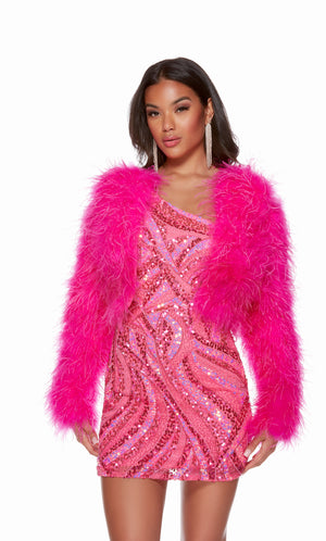 A hot pink, long sleeve, cropped feather jacket, perfect for a formal event.