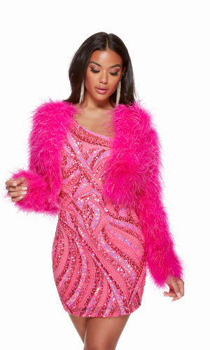 A electric fuchsia, long sleeve, cropped feather jacket, perfect for a formal event.