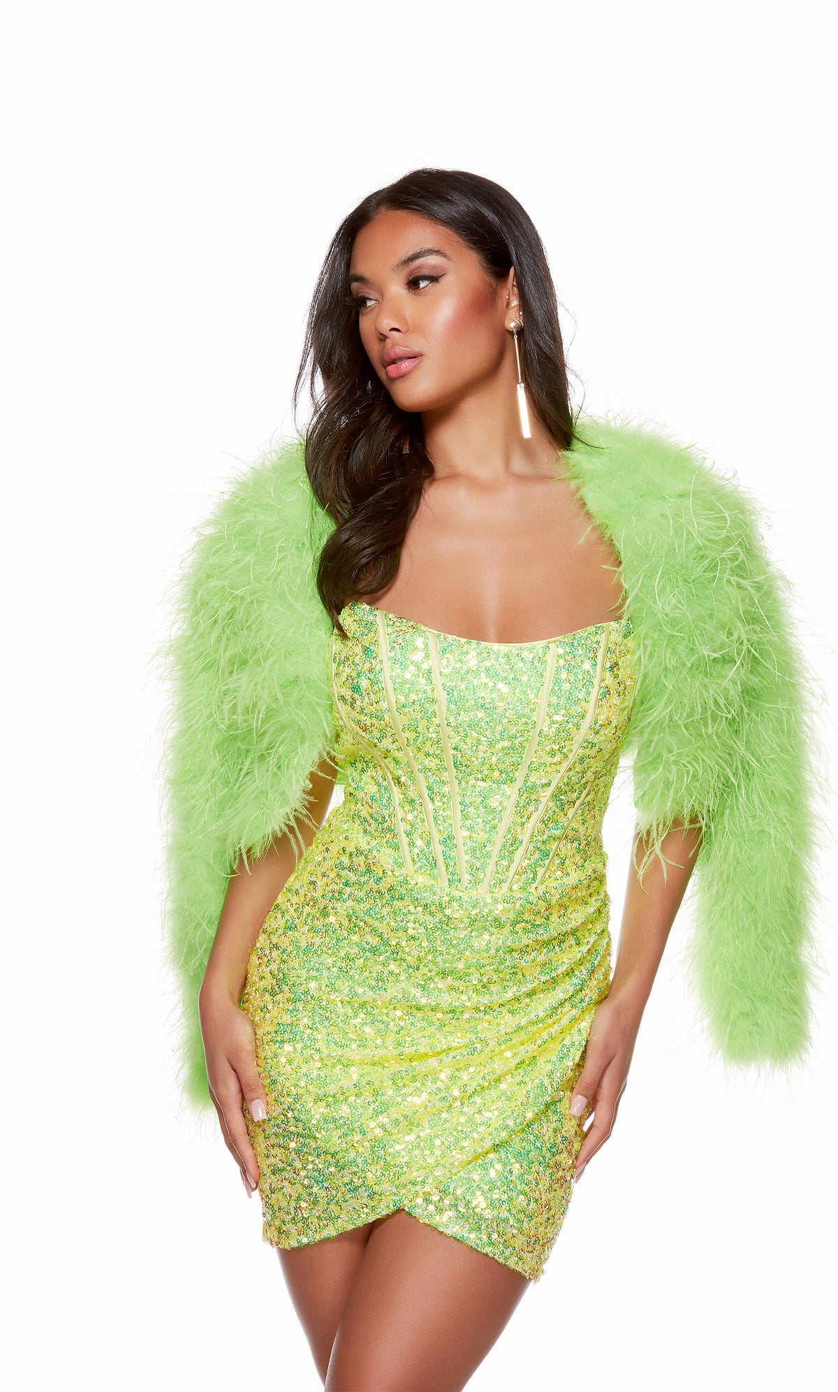 An neon lime colored, long sleeve, cropped feather jacket, perfect for a formal event.