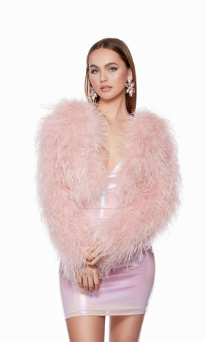 A light pink cropped feather jacket with long sleeves, perfect for a formal event.