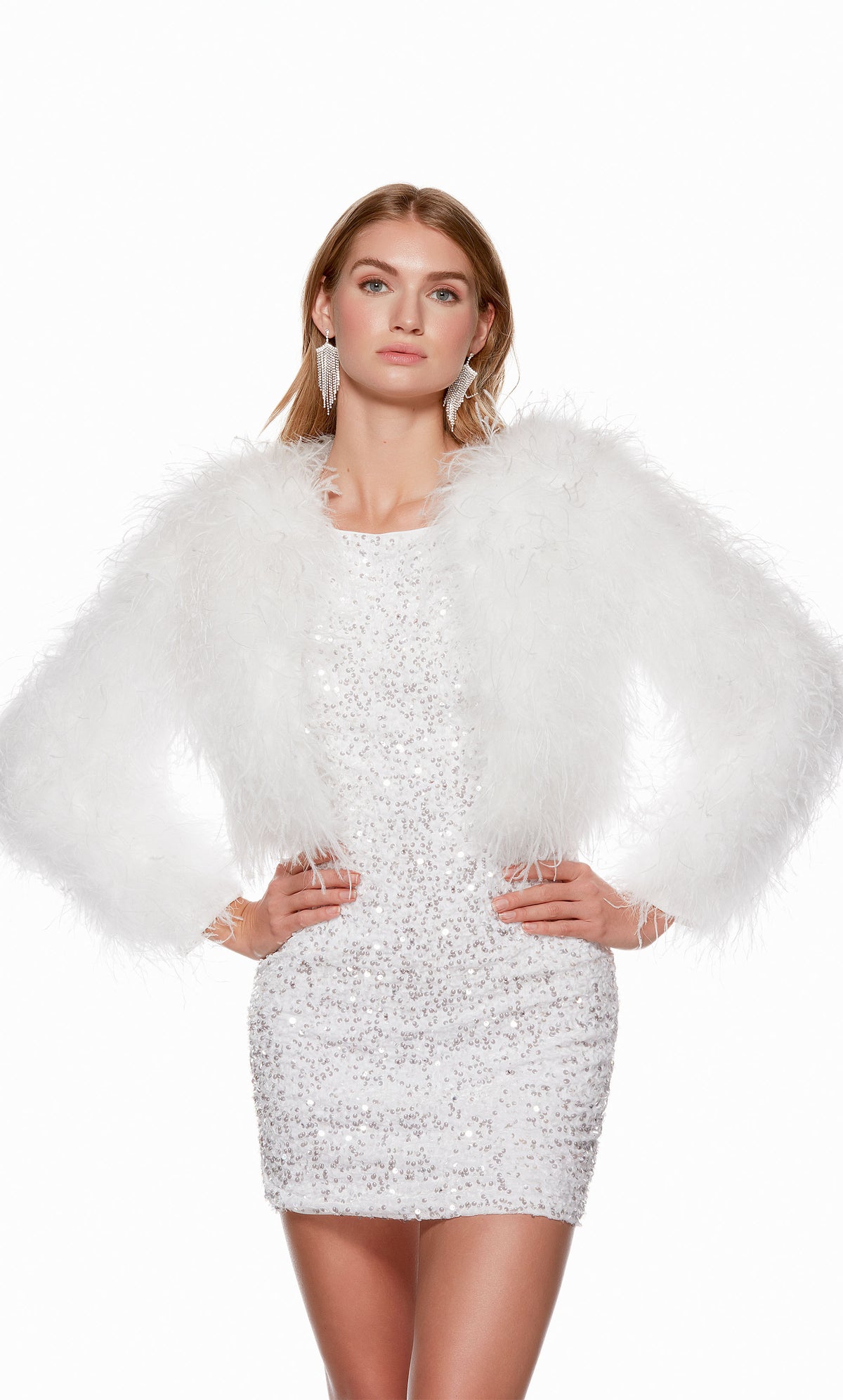 A feathered, white cropped jacket with long sleeves, perfect for a formal event.