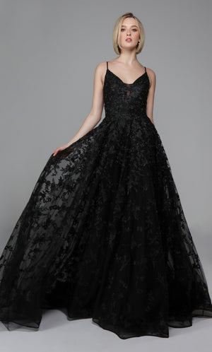 A line black lace wedding gown with a plunging neckline. COLOR-SWATCH_7012_BLACK