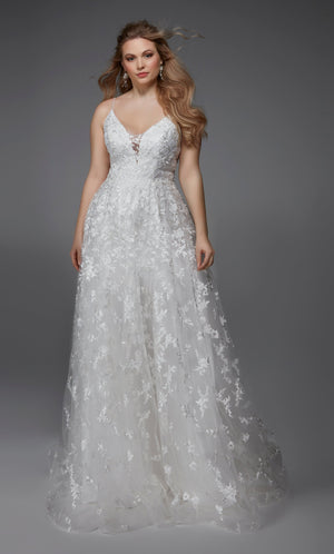 A line Ivory lace wedding gown with a plunging neckline