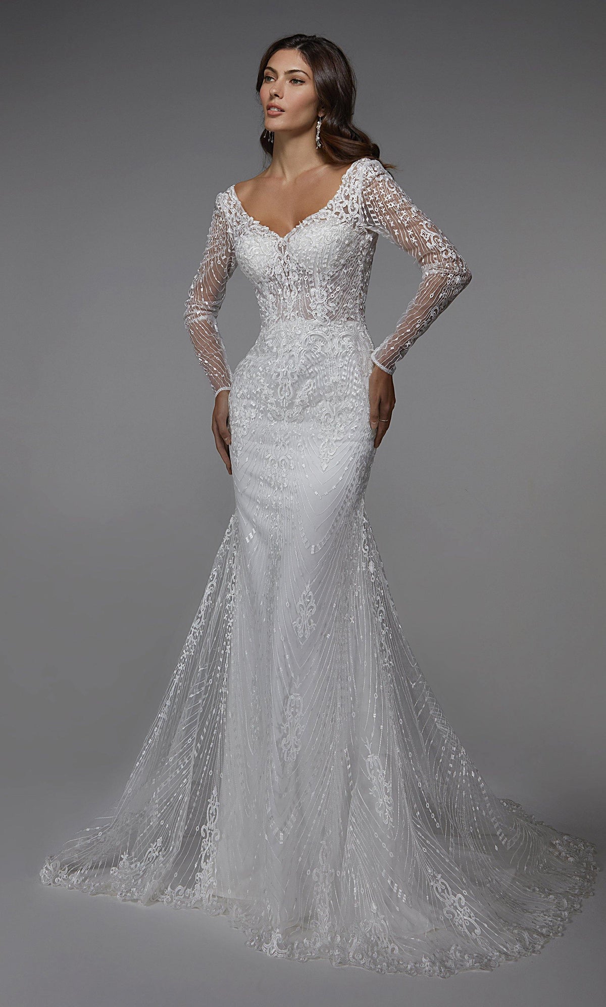 Formal Dress: 7030. Long Bridal Gown, V-neck, Fit N Flare | Alyce Paris