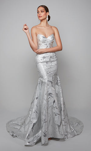 Fit and flare strapless jacquard wedding dress in ivory-silver.