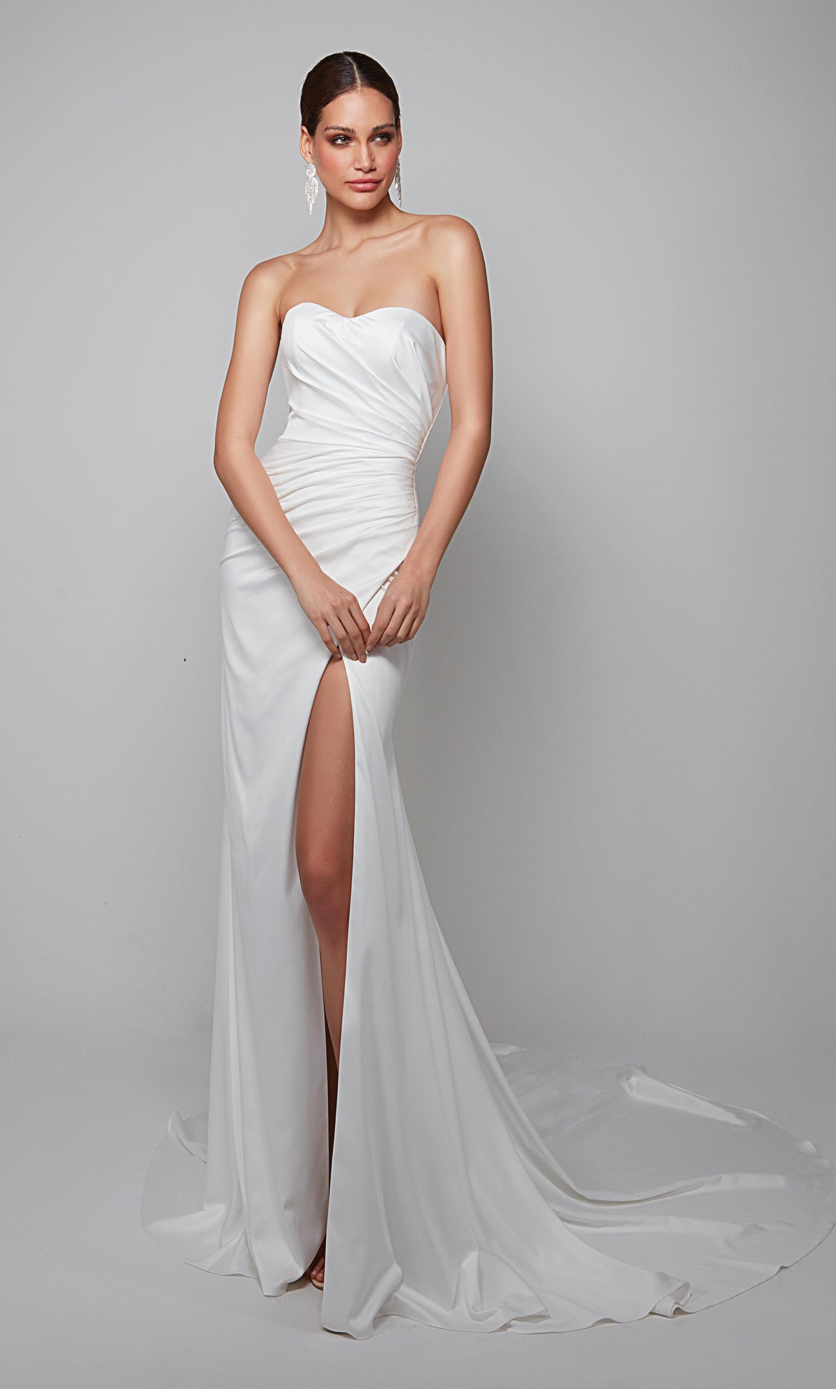 Strapless draped wedding dress with a side slit in white satin. Color-SWATCH_7057__DIAMOND-WHITE