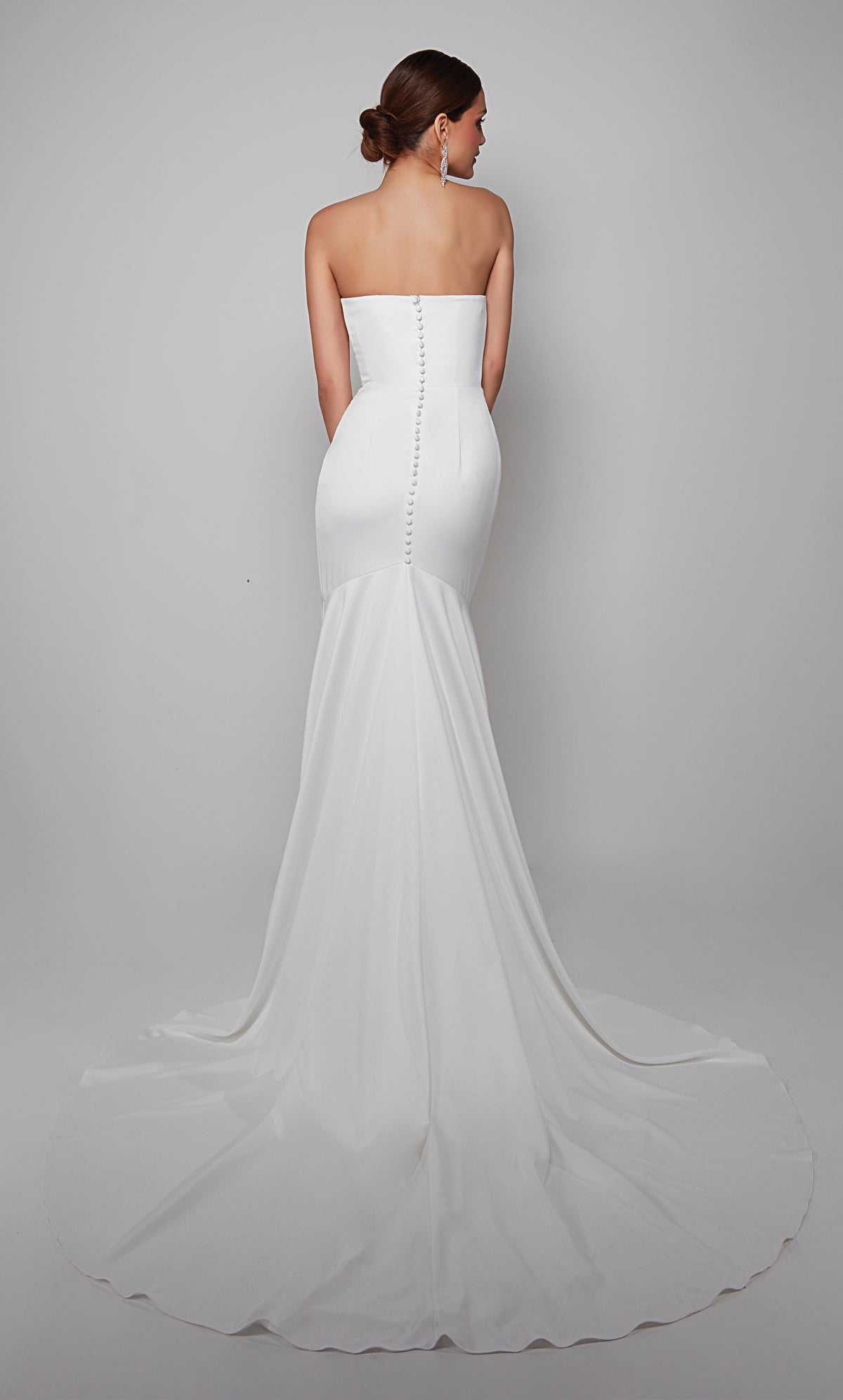 Strapless draped wedding dress with satin covered button closed back cut in our signature diamond white satin fabric.