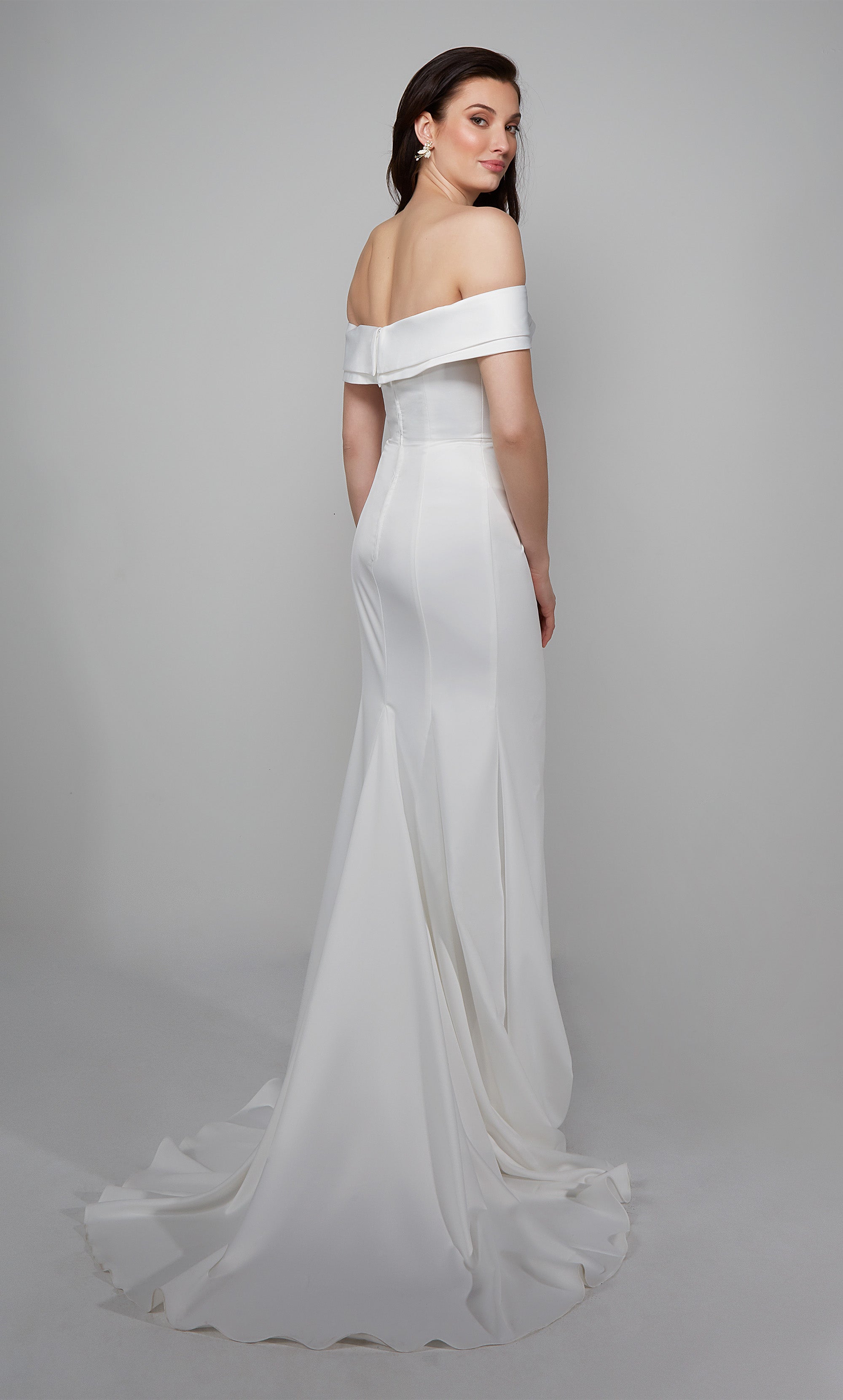 Plunging off the shoulder draped wedding gown with side slit in diamond white. Color-SWATCH_7058__DIAMOND-WHITE