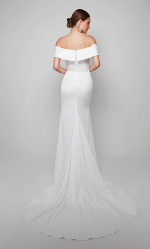 Off the shoulder chic wedding gown with a closed back and train in diamond white.