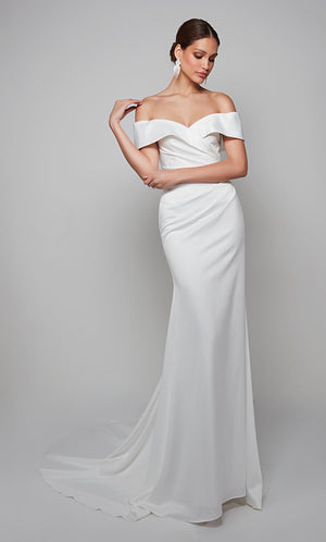 Off the shoulder simple wedding dress with ruching detail in diamond white.