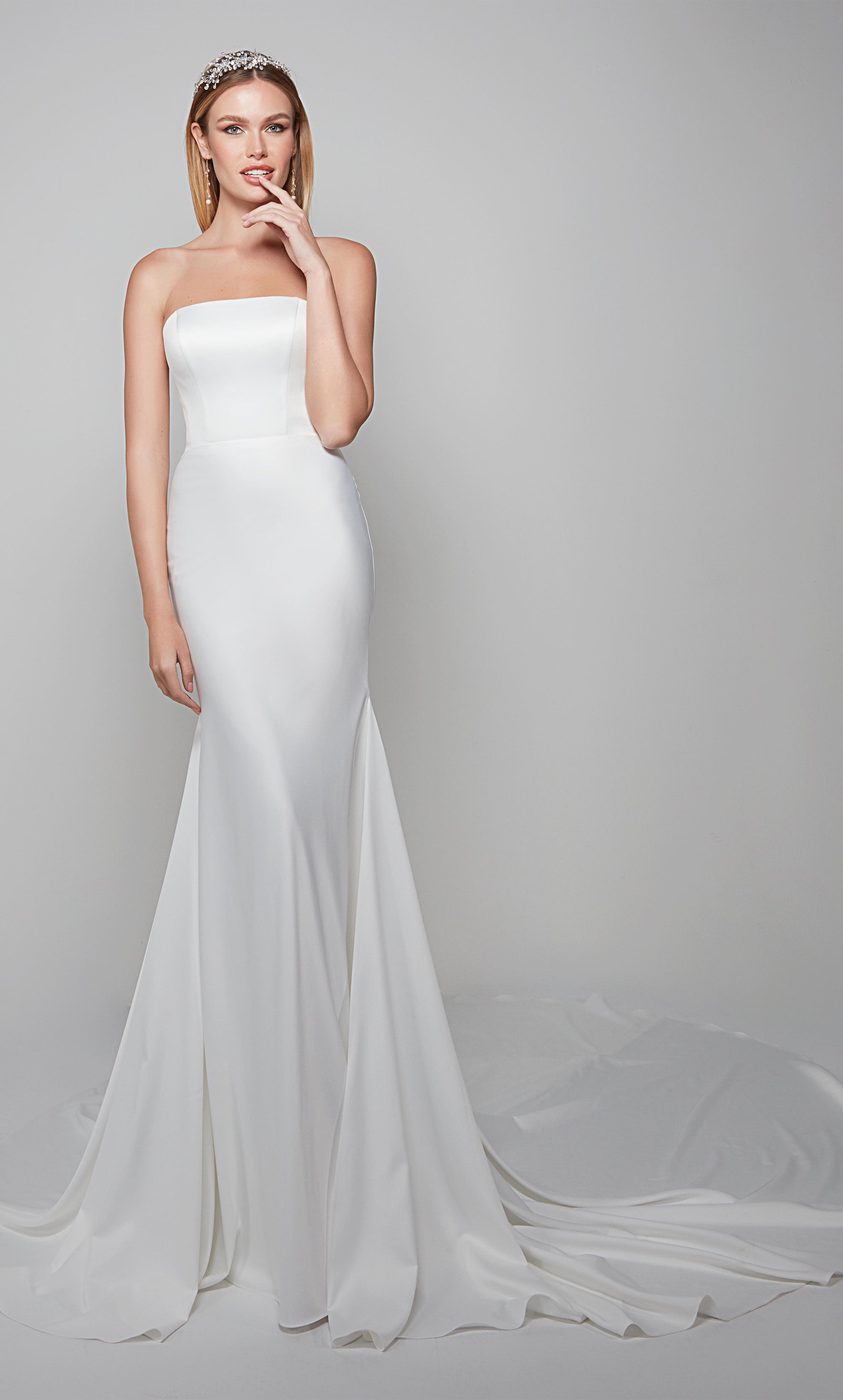 Simple Strapless Satin Fit-and-Flare Wedding Dress with Long Train