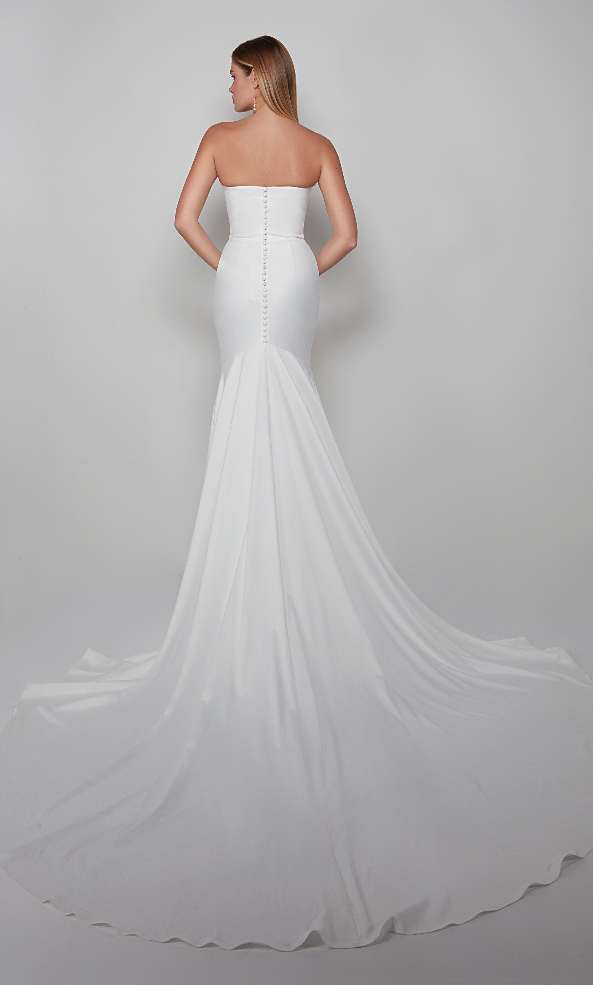 Strapless satin wedding dress cut in a fit and flare silhouette in diamond white color. Color-SWATCH_7060__DIAMOND-WHITE