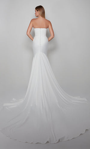 Strapless satin wedding dress with matching satin covered button closed back and train to complete the look.