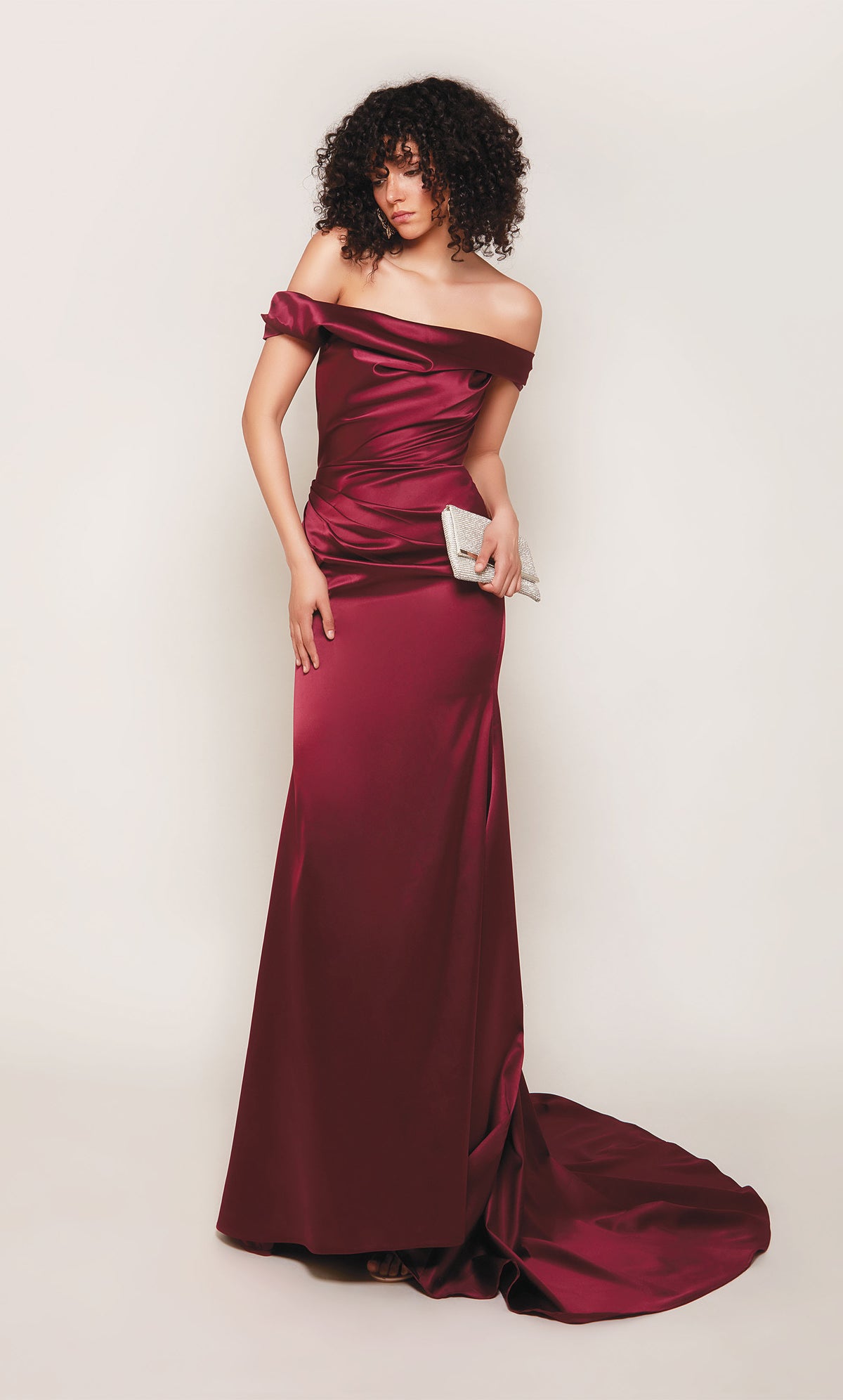 Off the shoulder, duchess satin wedding dress in burgundy. Color-SWATCH_7064__BURGUNDY