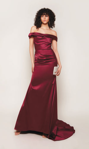 Off the shoulder, duchess satin long formal dress in burgundy.