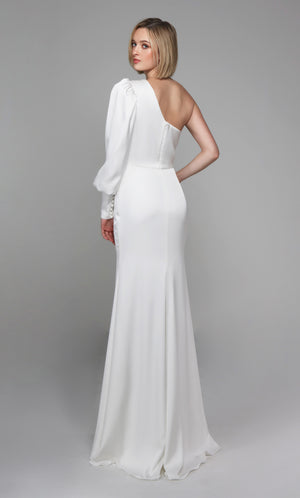 One shoulder simple wedding dress with a zip up back and train in ivory.