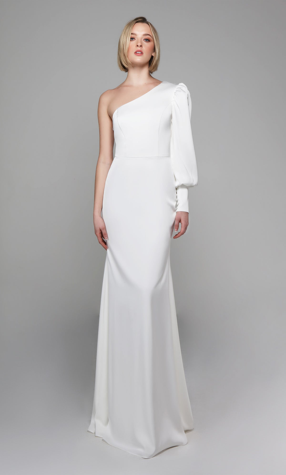 One shoulder wedding dress in ivory.