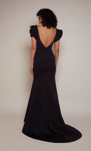 Chic, low back wedding dress with rose shaped sleeves and train in midnight blue.