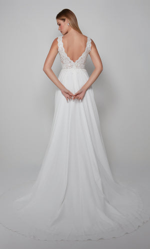 Sleeveless chiffon wedding dress with an elegant lace bodice with a deep V back in ivory.