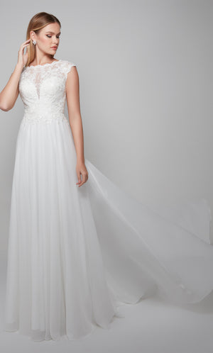 Classic wedding dress with elegant lace bodice and flowy chiffon skirt. Color-SWATCH_7073__DIAMOND-WHITE