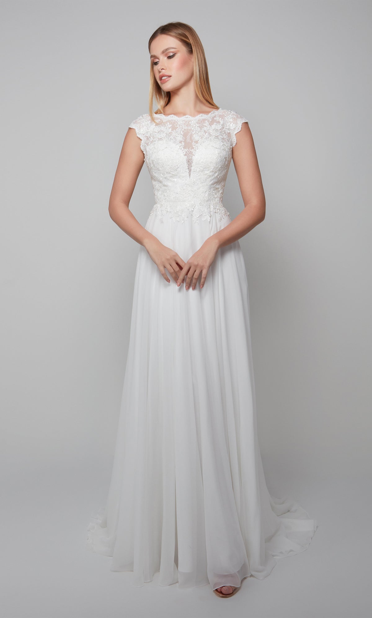 Classic wedding dress with elegant lace bodice and flowy chiffon skirt. Color-SWATCH_7073__DIAMOND-WHITE