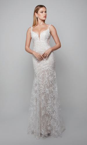 Floral lace wedding dress with a plunging neckline in ivory-light latte.
