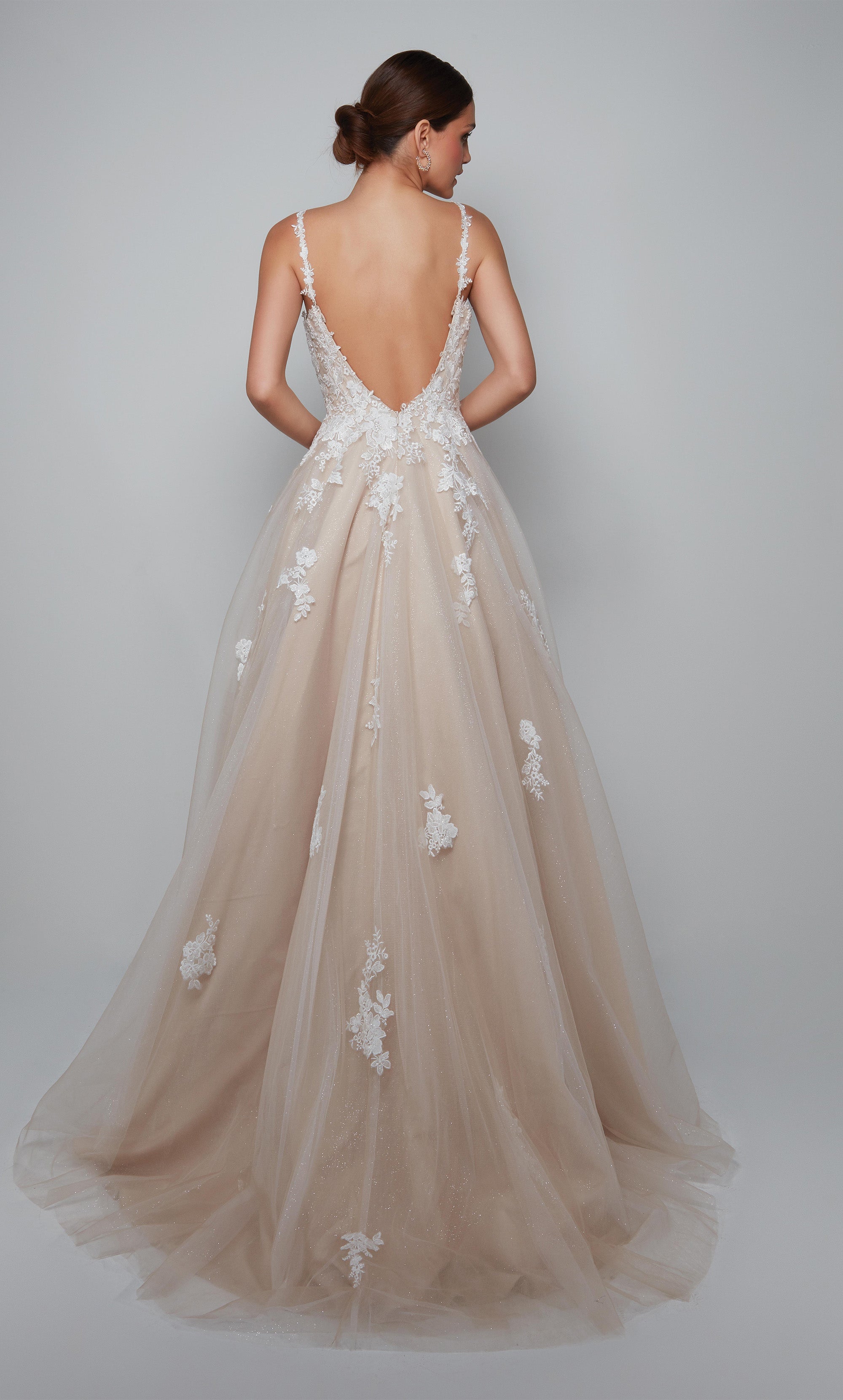 Floral Embroidered Tulle Ballgown with Deep-V Neckline and Open Back