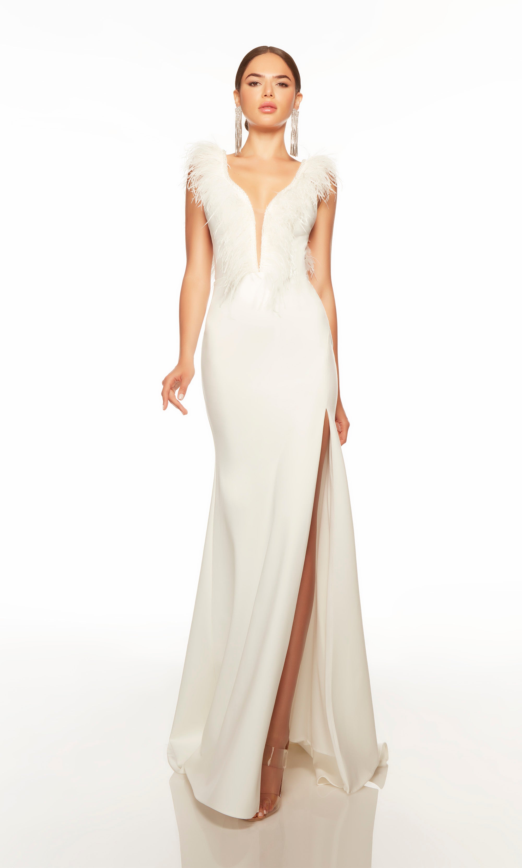 Feather plunging neckline simple wedding dress with a high side slit. COLOR-SWATCH_7087__DIAMOND-WHITE