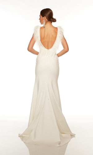 White feather formal dress with an elegant open back and train.