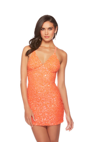 Cute orange sequin mini dress with adjustable crisscross back straps - perfect for homecoming or any other semi-formal event!