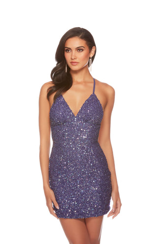 Cute purple sequin mini dress with adjustable crisscross back straps - perfect for homecoming or any other semi-formal event!