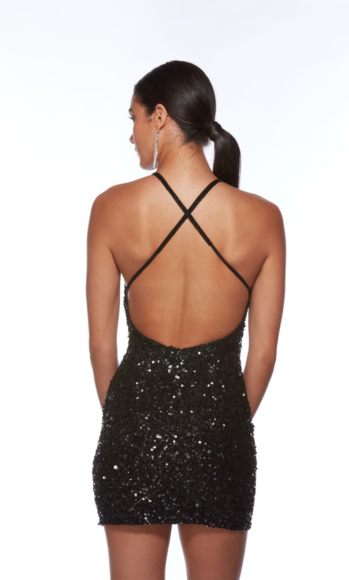Short lbd with an V neckline, adjustable crisscross back straps, perfect for homecoming or any semi-formal event!