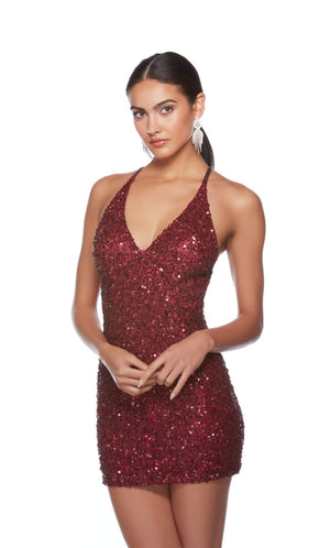 Short red sequin dress with an V neckline, adjustable crisscross back straps, perfect for homecoming or any semi-formal event!
