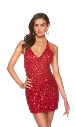 Short red sequin dress with an V neckline, adjustable crisscross back straps, perfect for homecoming or any semi-formal event!