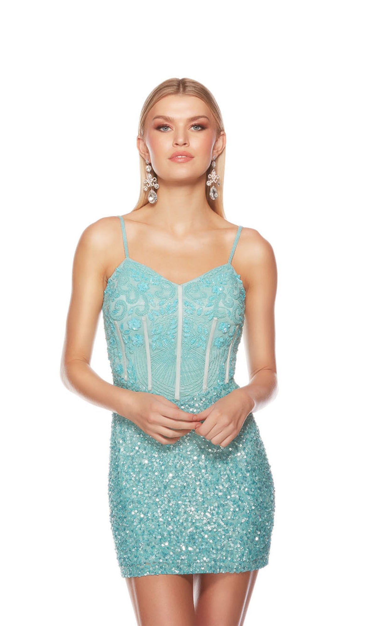 Short hand-beaded blue homecoming dress with an V neckline and lace up back for an chic and stylish look.