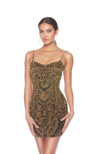 Striking black and gold hand-beaded mini dress featuring an V neckline, strappy lace up back, and captivating paisley-patterned design for an glamorous and stylish look.