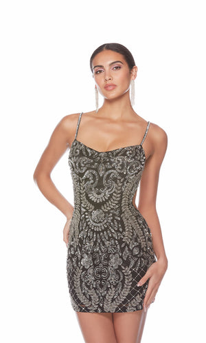 Striking black and silver hand-beaded mini dress featuring an V neckline, strappy lace up back, and captivating paisley-patterned design for an glamorous and stylish look.