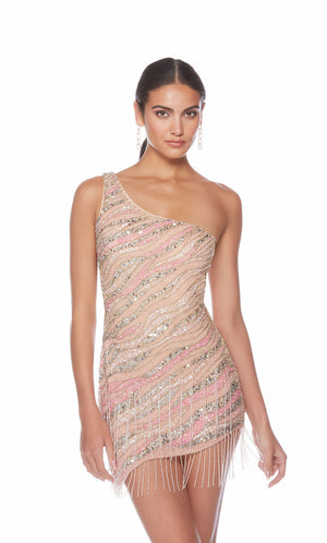 Nude-pink hand-beaded one-shoulder fringe dress with illusion side cutouts and an asymmetrical hem—perfect for any semi-formal event!