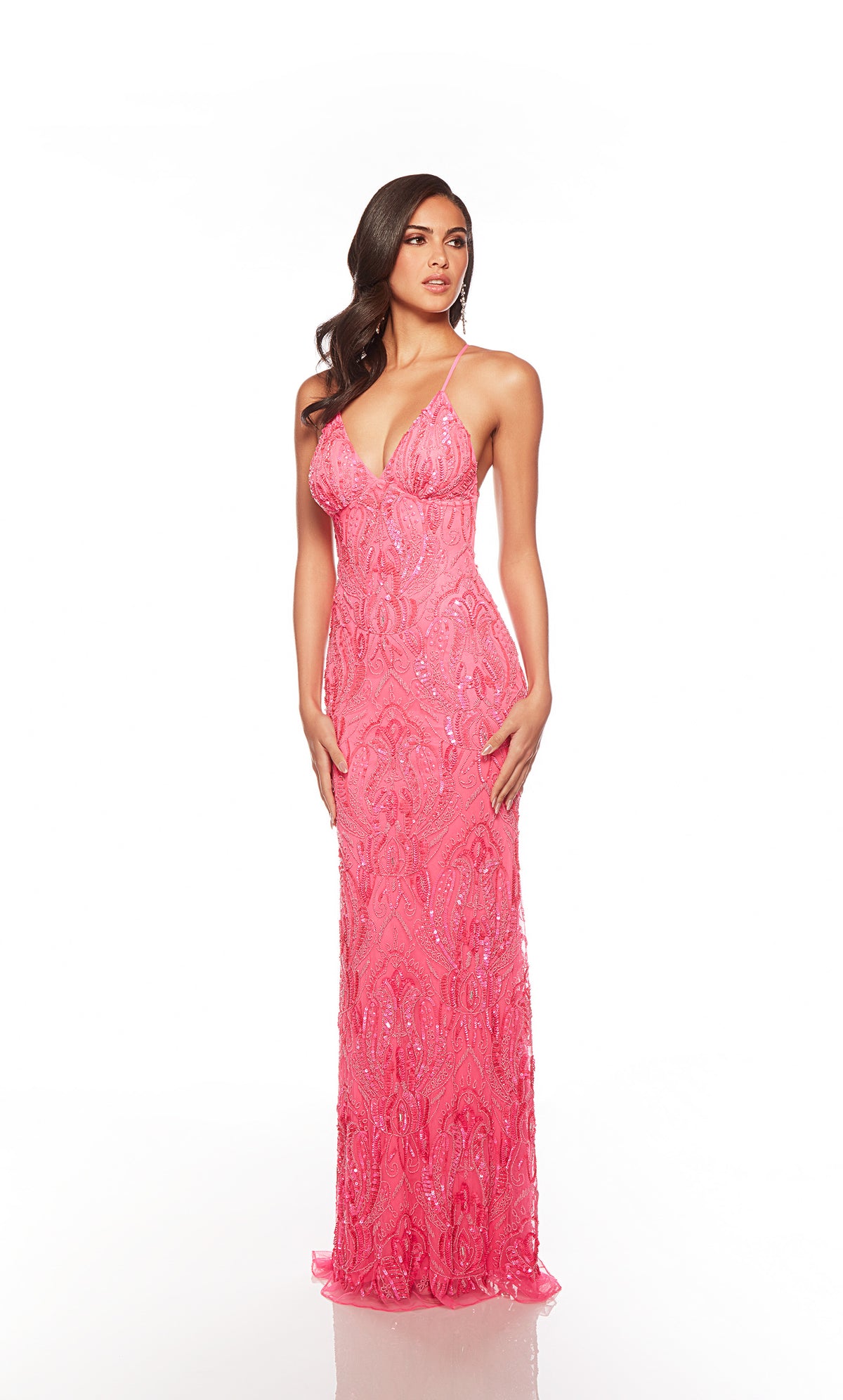 Elegant pink formal gown: Hand-beaded, V neckline, spaghetti straps, strappy back, and intricate paisley-patterned design for an chic and sophisticated look.