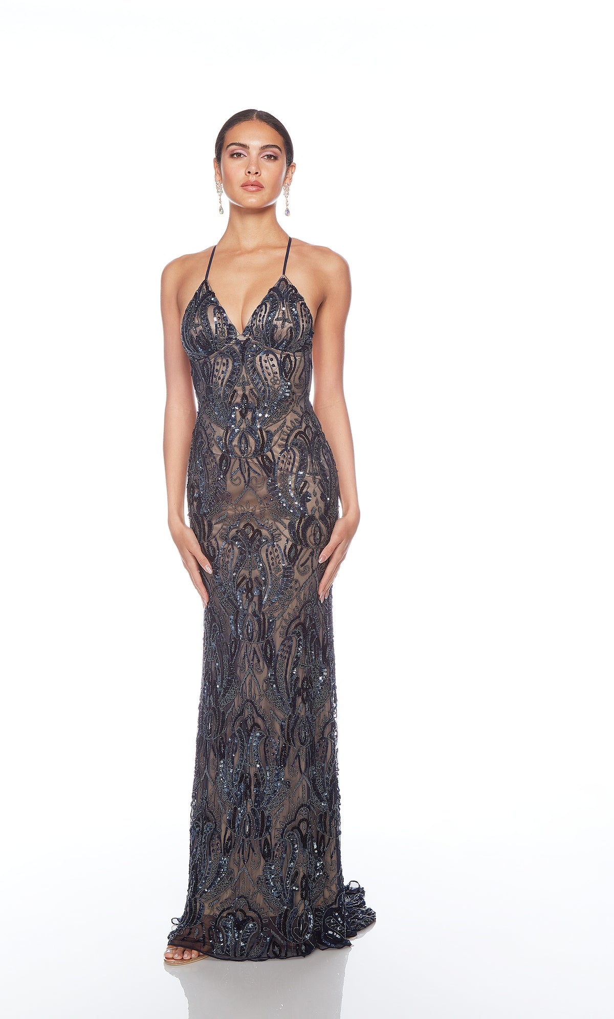 Elegant midnight-nude formal gown: Hand-beaded, V neckline, spaghetti straps, strappy back, and intricate paisley-patterned design for an chic and sophisticated look.