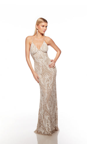 Elegant pearl grey formal gown: Hand-beaded, V neckline, spaghetti straps, strappy back, and intricate paisley-patterned design for an chic and sophisticated look.
