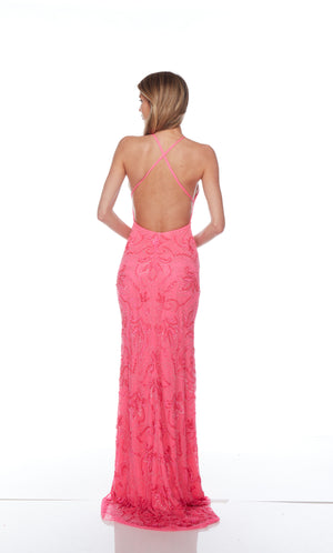 Elegant pink formal gown: Hand-beaded, V neckline, spaghetti straps, strappy back, and intricate floral design for an chic and sophisticated look.
