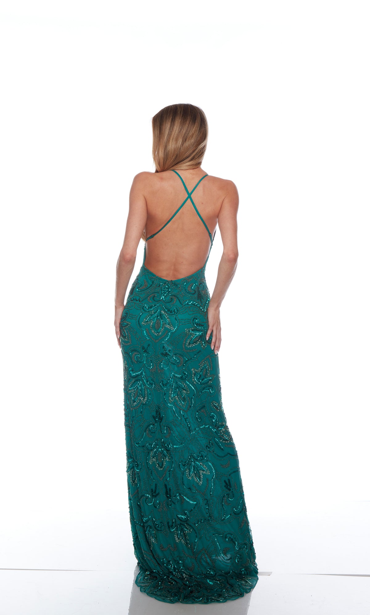 Elegant blue-green formal gown: Hand-beaded, V neckline, spaghetti straps, strappy back, and intricate floral design for an chic and sophisticated look.