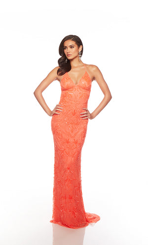 Elegant orange formal gown: Hand-beaded, V neckline, spaghetti straps, strappy back, and intricate floral design for an chic and sophisticated look.
