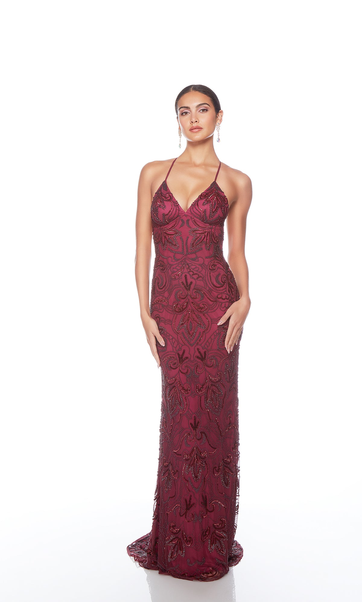 Elegant red formal gown: Hand-beaded, V neckline, spaghetti straps, strappy back, and intricate floral design for an chic and sophisticated look.