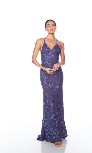 Elegant purple formal gown: Hand-beaded, V neckline, spaghetti straps, strappy back, and intricate design plus fringe accents for an chic and sophisticated look.