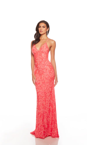 Elegant pink formal gown: Hand-beaded, V neckline, spaghetti straps, strappy back, and intricate design plus fringe accents for an chic and sophisticated look.