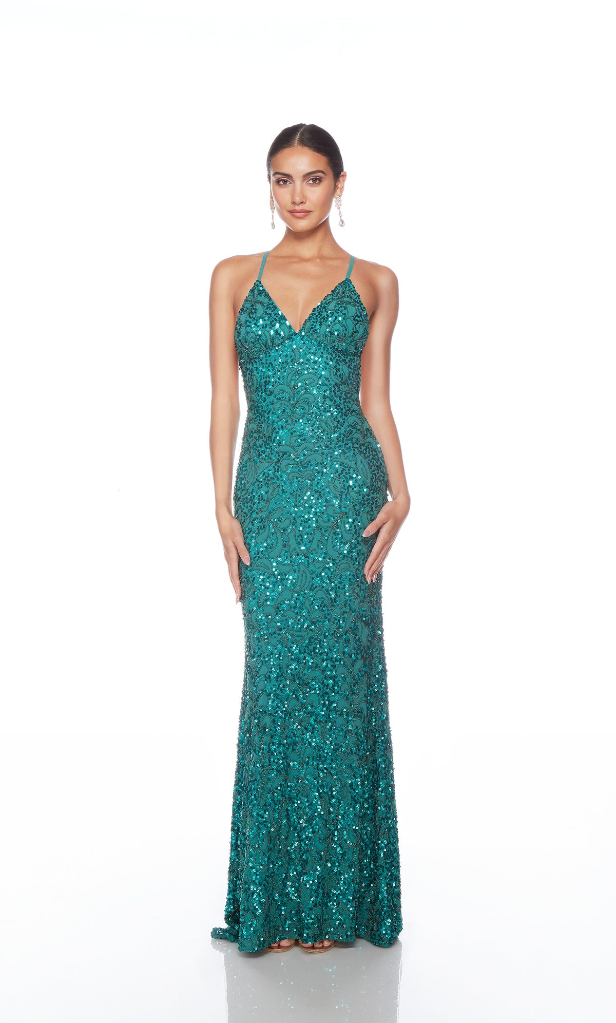 Elegant jade formal gown: Hand-beaded, V neckline, spaghetti straps, strappy back, and intricate design plus fringe accents for an chic and sophisticated look.