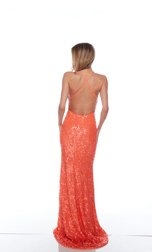 Elegant orange formal gown: Hand-beaded, V neckline, spaghetti straps, strappy back, and intricate design plus fringe accents for an chic and sophisticated look.